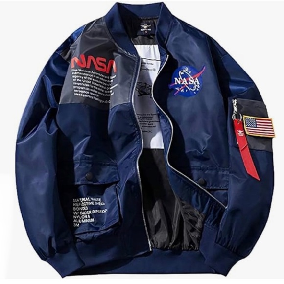 Blue NASA Print Mens Zip Up Bomber Jacket